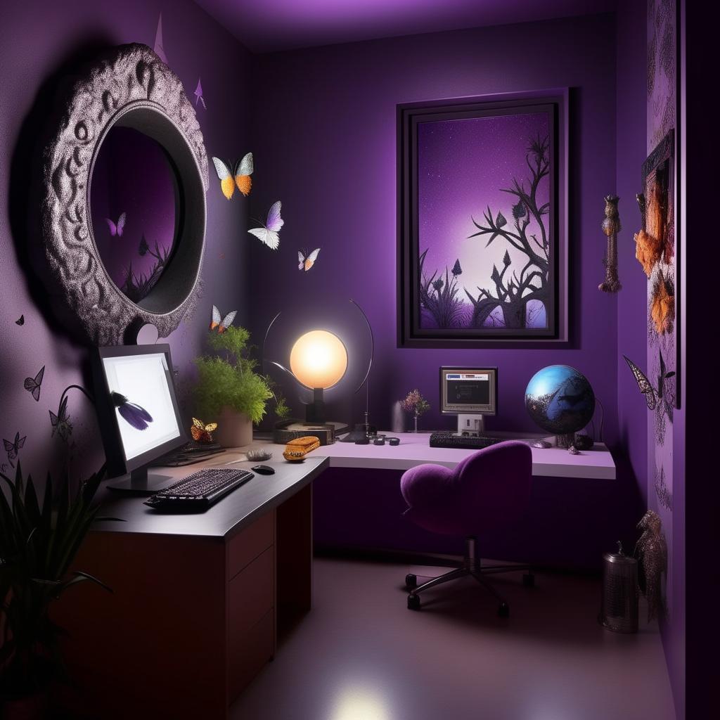 Design a modern room for an 18-year-old tomboy. The room features black, purple, grey, and white colors and embodies Sanatan Dharma spirituality. Keep the decor simple, with a butterfly-shaped mirror, a moon lamp, and references to computer engineering culture.