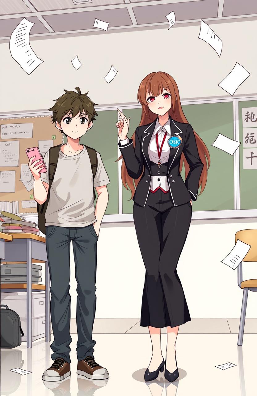 An illustration featuring two main characters: a casual-dressed student holding a smartphone, standing next to Aira, an elegant figure wearing an OSIS badge on her chest