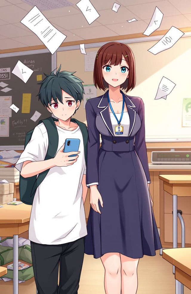 An illustration featuring two main characters: a casual-dressed student holding a smartphone, standing next to Aira, an elegant figure wearing an OSIS badge on her chest