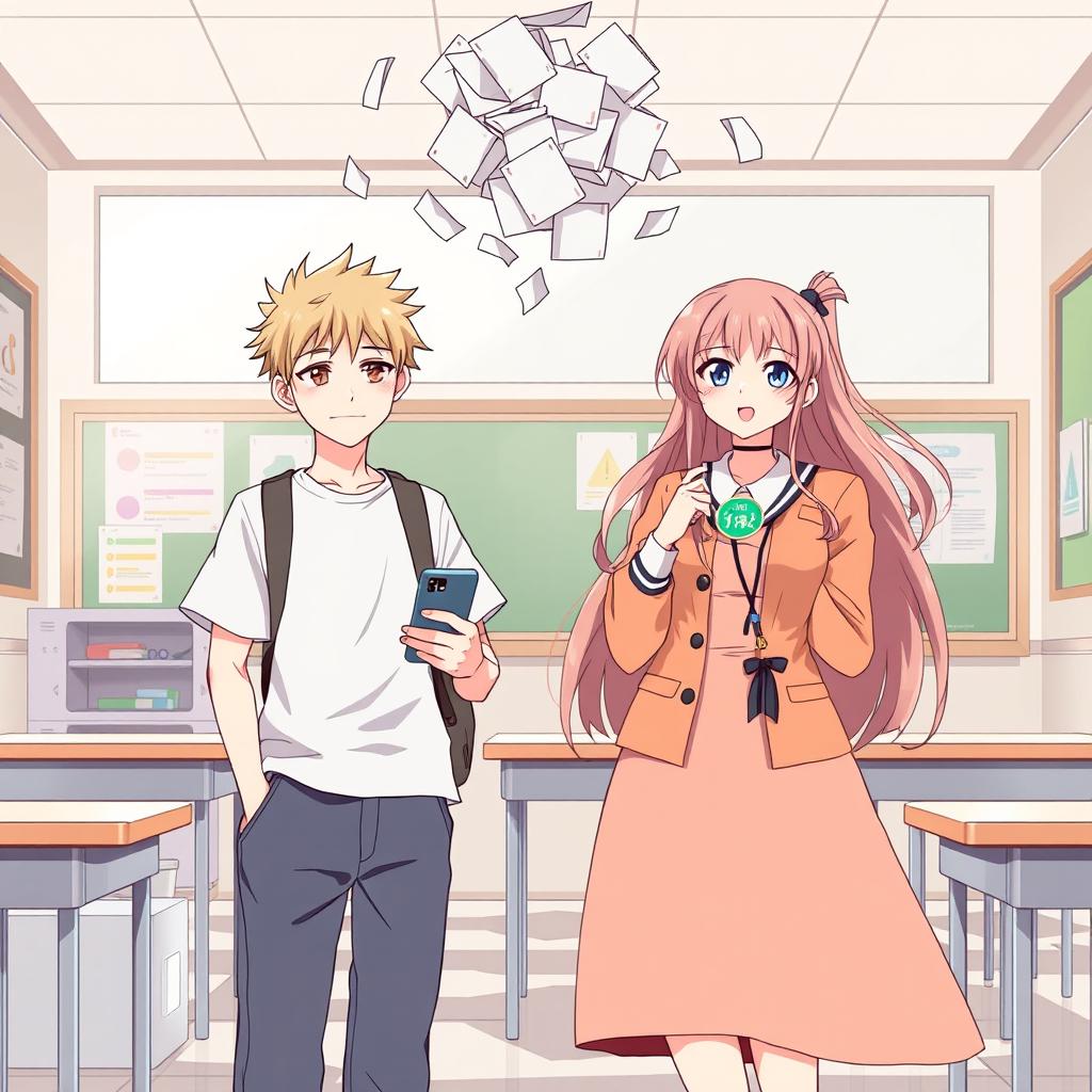 An illustration featuring two main characters: a student in casual clothes holding a smartphone, standing beside Aira, a graceful figure adorned with a student council badge on her chest