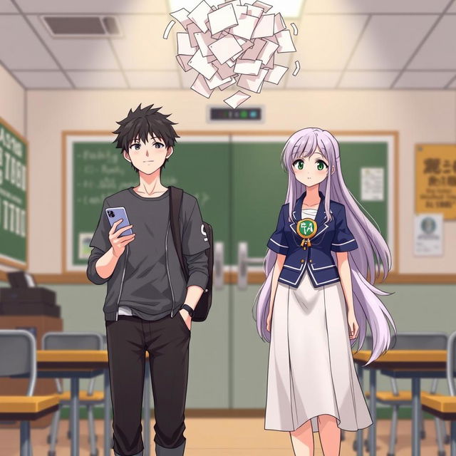 An illustration featuring two main characters: a student in casual clothes holding a smartphone, standing beside Aira, a graceful figure adorned with a student council badge on her chest