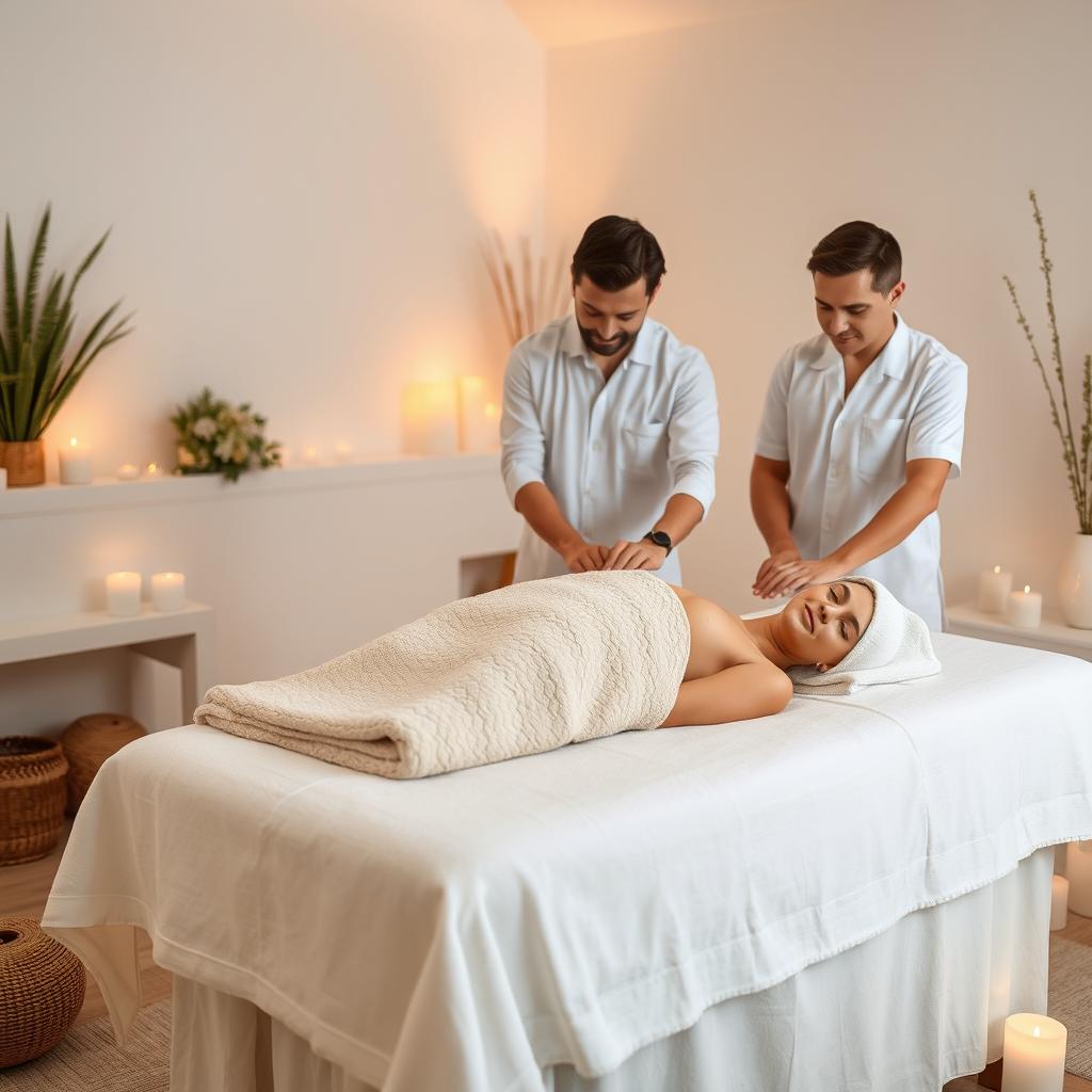 A serene spa setting featuring a woman lying on a massage table, her body relaxed and covered with a soft towel