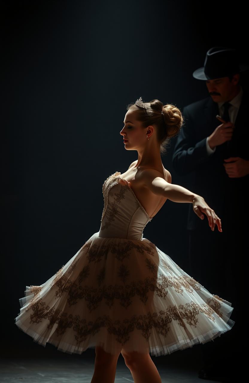 A dramatic scene featuring a ballerina in an elegant and intricate ballet costume, gracefully dancing on a dimly lit stage, while a rugged mafioso in a sharp black suit watches intently from the shadows