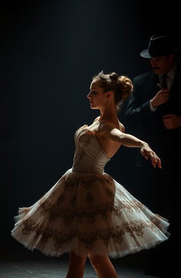 A dramatic scene featuring a ballerina in an elegant and intricate ballet costume, gracefully dancing on a dimly lit stage, while a rugged mafioso in a sharp black suit watches intently from the shadows