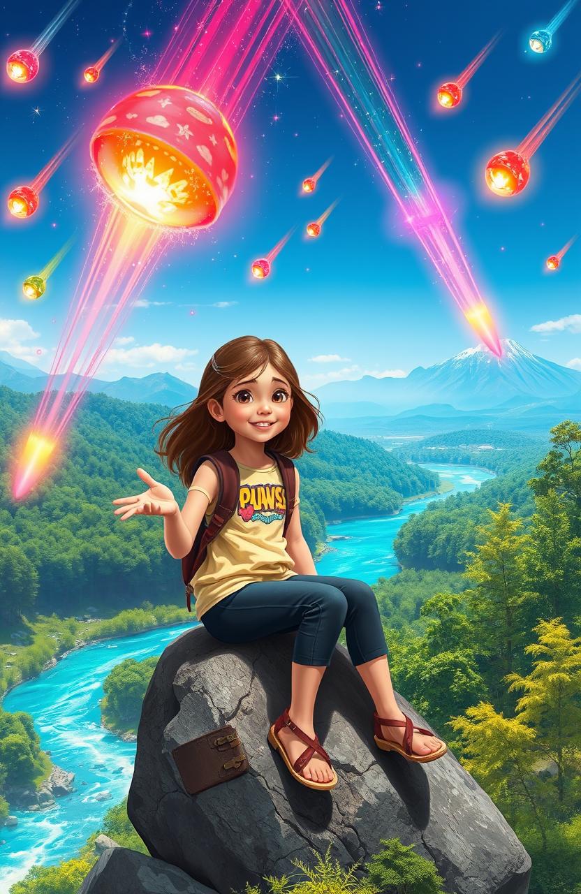 A young girl sitting on a rock in a vibrant landscape, narrating the story of a new world where people gained superpowers after meteor showers