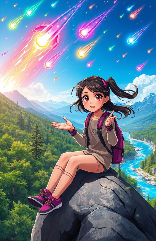 A young girl sitting on a rock in a vibrant landscape, narrating the story of a new world where people gained superpowers after meteor showers