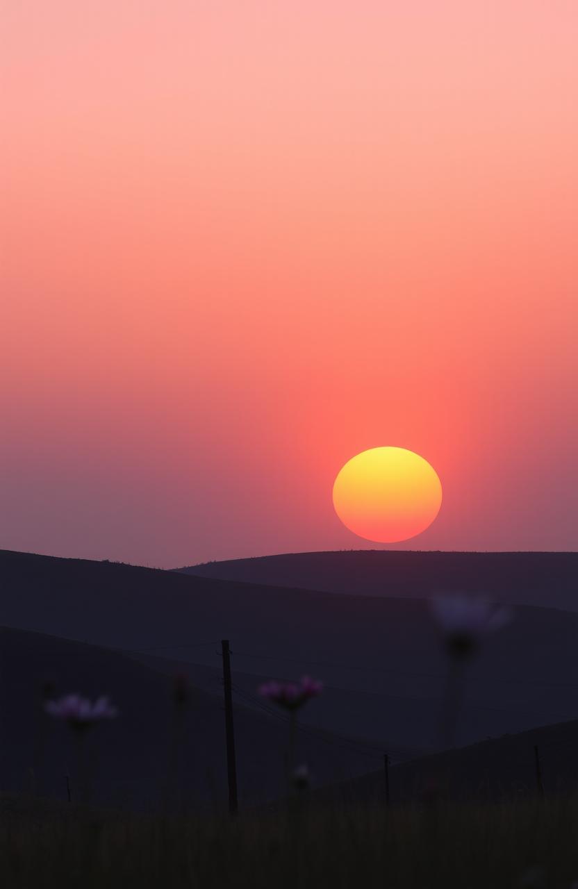 A minimalist landscape at sunset, featuring rolling hills and a large, vibrant orange sun dipping below the horizon