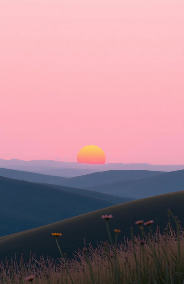 A minimalist landscape at sunset, featuring rolling hills and a large, vibrant orange sun dipping below the horizon