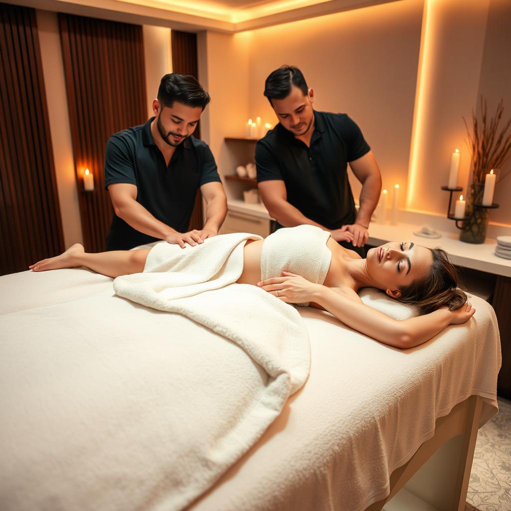 A luxurious spa setting where a woman is reclining on a massage table, with soft towels draped artfully over her