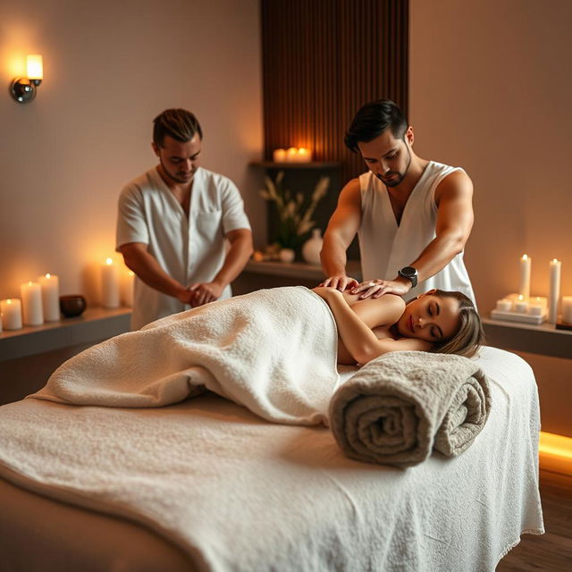 A luxurious spa setting where a woman is reclining on a massage table, with soft towels draped artfully over her