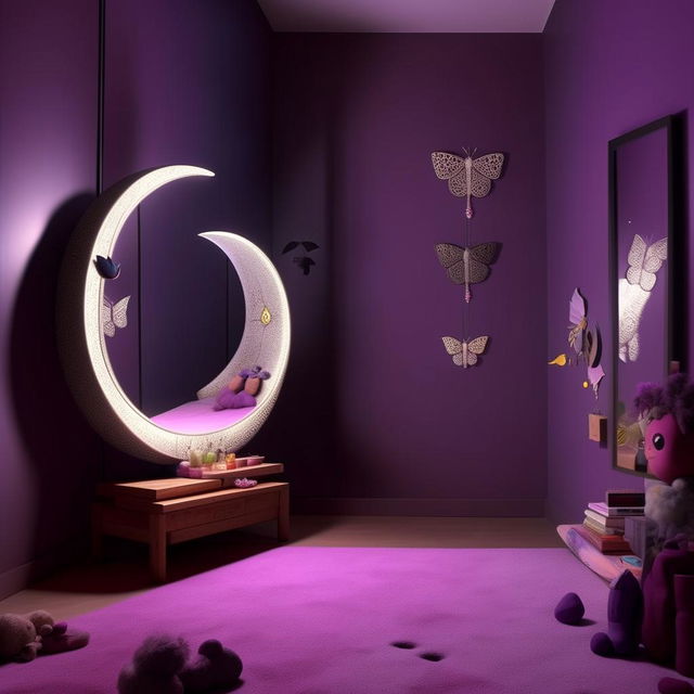 Design a modern room for an 18-year-old tomboy. The room features black, purple, grey, and white colors and embodies Sanatan Dharma spirituality. Keep the decor simple, with a butterfly-shaped mirror, a moon lamp, and references to computer engineering culture.