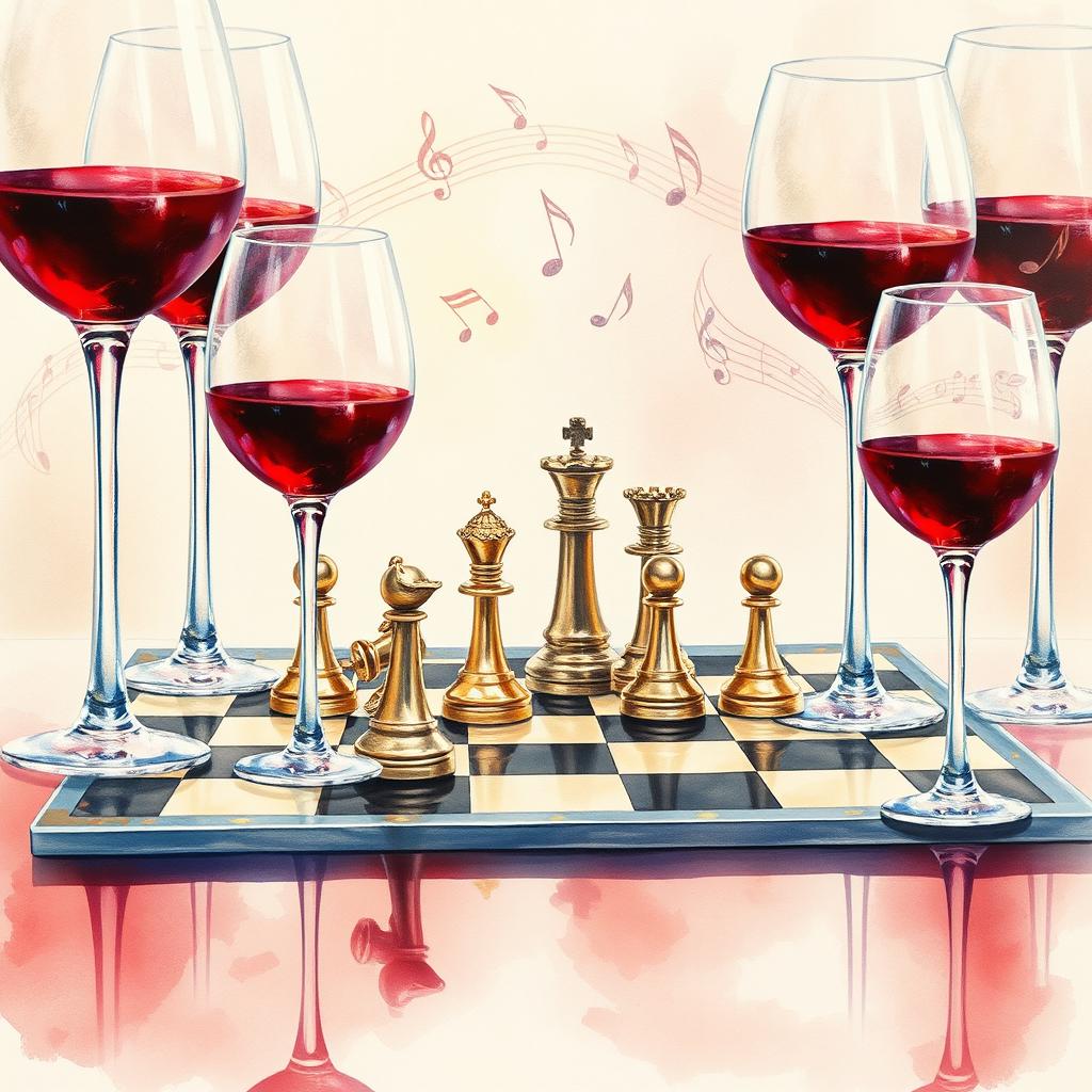 A beautiful watercolor painting depicting a chessboard with intricately designed chess pieces arranged for a game