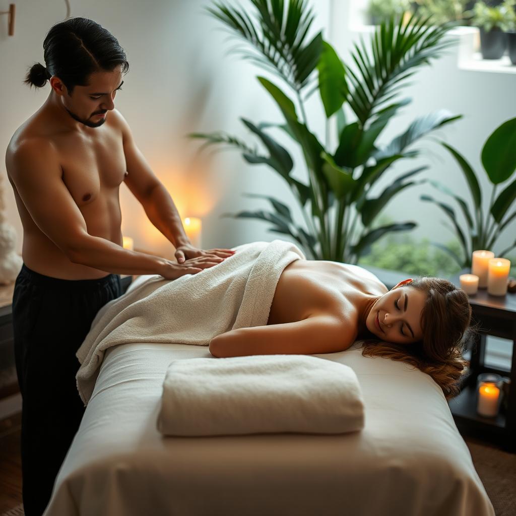 In an elegant spa environment, a woman is lying on a massage table, covered with a delicate towel