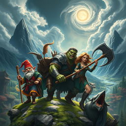 A fantastical world where a gnome, an orc, and a half-elf journey across a vibrant continent to defeat evil forces attempting to resurrect a dark wizard