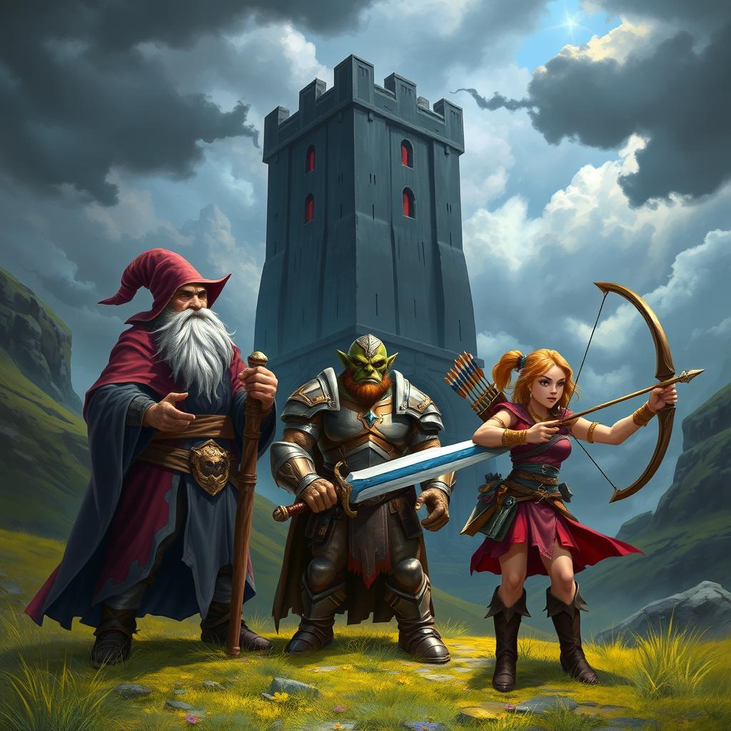 In a fantastical world, a dwarf wizard, an orc paladin, and a half-elf archer embark on a quest to defeat dark forces attempting to resurrect a malevolent wizard residing in a towering black fortress