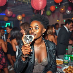 A stylish black friend enjoying a lively party atmosphere, taking a sip from a glass of gin