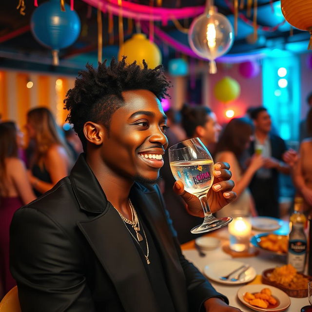 A stylish black friend enjoying a lively party atmosphere, taking a sip from a glass of gin