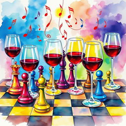 A vibrant watercolor painting featuring a lively chessboard with colorful chess pieces in the midst of a game