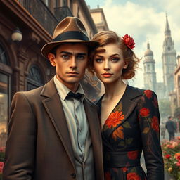 Set in a captivating alternative world reminiscent of the 1930s, filled with rich adventures and deep emotions, follows the beautifully tragic love story of two adult characters: a 25-year-old grumpy young man, dressed in a slightly rumpled vintage suit and wearing a fedora, embodying the serious and brooding archetype, and a 22-year-old radiant woman, dressed in a colorful, stylish dress with art deco patterns, representing light and positivity in her demeanor