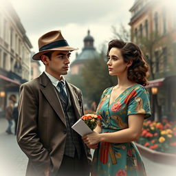 Set in a captivating alternative world reminiscent of the 1930s, filled with rich adventures and deep emotions, follows the beautifully tragic love story of two adult characters: a 25-year-old grumpy young man, dressed in a slightly rumpled vintage suit and wearing a fedora, embodying the serious and brooding archetype, and a 22-year-old radiant woman, dressed in a colorful, stylish dress with art deco patterns, representing light and positivity in her demeanor