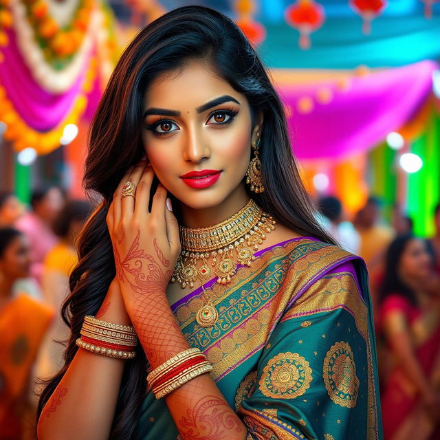 A stunning Indian woman in a vibrant traditional outfit, showcasing intricate jewelry and a beautiful henna design on her hands