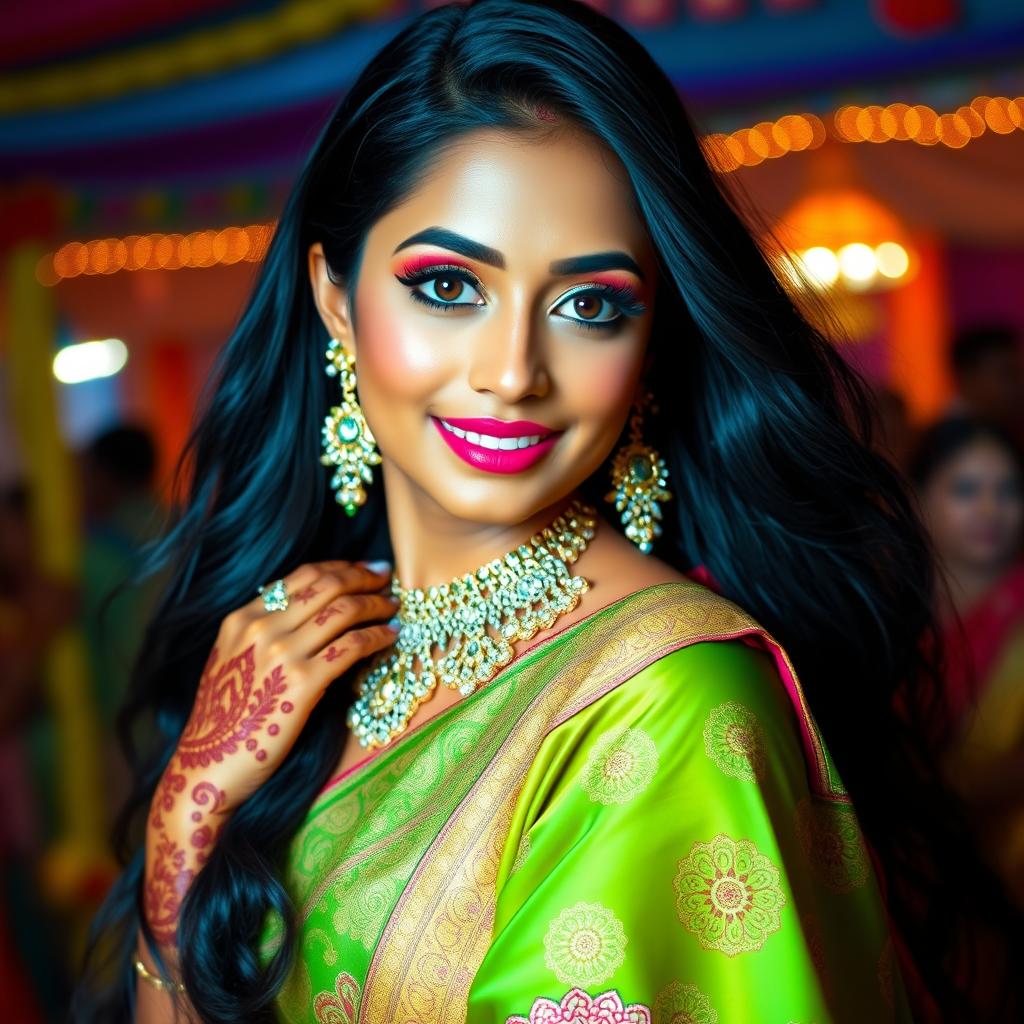 A stunning Indian woman in a vibrant traditional outfit, showcasing intricate jewelry and a beautiful henna design on her hands