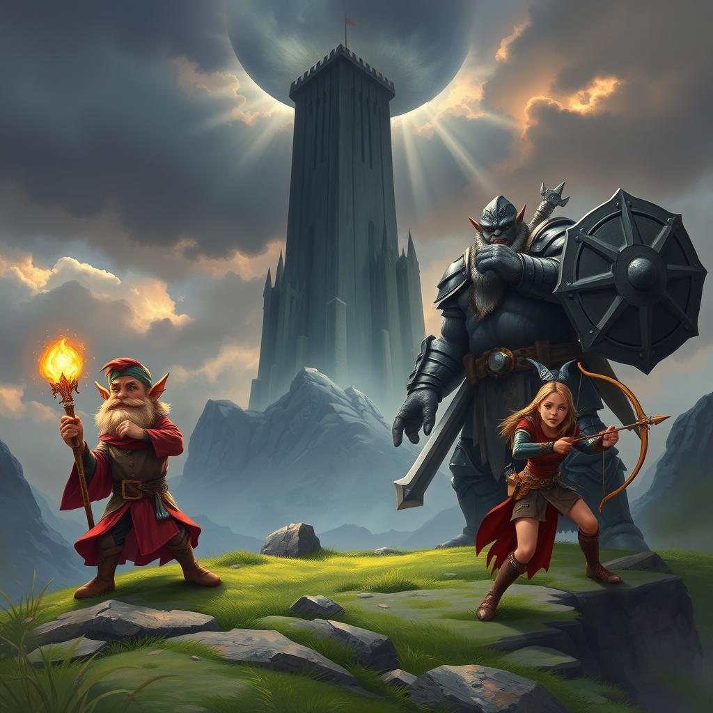 In a fantastical world, a young gnome wizard, a powerful orc paladin, and a skilled half-elf archer traverse a mystical continent to thwart evil forces attempting to resurrect a dark wizard dwelling in a foreboding black tower