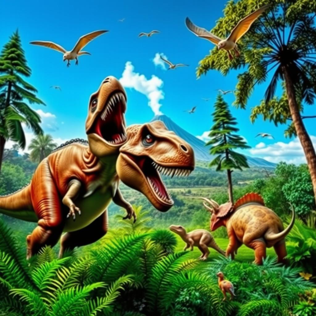 A vibrant prehistoric scene showcasing a variety of dinosaurs in their natural habitat, featuring a majestic T-Rex roaring in the foreground surrounded by lush fern vegetation, a herd of Triceratops grazing nearby, and a flock of Pterosaurs soaring overhead against a bright blue sky