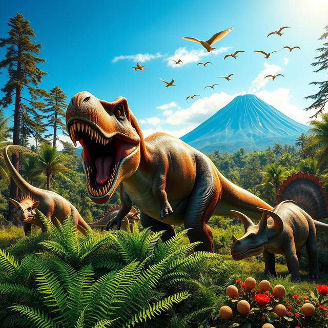 A vibrant prehistoric scene showcasing a variety of dinosaurs in their natural habitat, featuring a majestic T-Rex roaring in the foreground surrounded by lush fern vegetation, a herd of Triceratops grazing nearby, and a flock of Pterosaurs soaring overhead against a bright blue sky