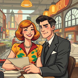 In a dynamic and colorful alternative world inspired by the 1930s, filled with adventures and emotions, unfolds a poignant love story between two adult characters: a lively, cheerful 22-year-old woman, sporting a stylish bob haircut and dressed in vibrant, elegant attire that captures the spirit of the era, and a serious, contemplative 25-year-old man, dressed in a tailored suit, his face now adorned with a lively expression that contrasts with his serious demeanor