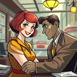 In a dynamic and colorful alternative world inspired by the 1930s, filled with adventures and emotions, unfolds a poignant love story between two adult characters: a lively, cheerful 22-year-old woman, sporting a stylish bob haircut and dressed in vibrant, elegant attire that captures the spirit of the era, and a serious, contemplative 25-year-old man, dressed in a tailored suit, his face now adorned with a lively expression that contrasts with his serious demeanor