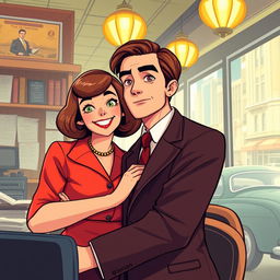 In a dynamic and colorful alternative world inspired by the 1930s, filled with adventures and emotions, unfolds a poignant love story between two adult characters: a lively, cheerful 22-year-old woman, sporting a stylish bob haircut and dressed in vibrant, elegant attire that captures the spirit of the era, and a serious, contemplative 25-year-old man, dressed in a tailored suit, his face now adorned with a lively expression that contrasts with his serious demeanor