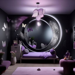 Design a modern room for an 18-year-old tomboy. The room features black, purple, grey, and white colors and embodies Sanatan Dharma spirituality. Keep the decor simple, with a butterfly-shaped mirror, a moon lamp, and references to computer engineering culture.