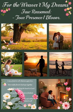 A heartfelt collage titled "For the Weaver of My Dreams: In Your Presence, I Bloom," showcasing a collection of vibrant and emotional memories shared together