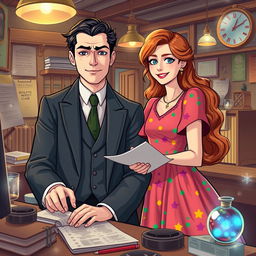 In a lively and enchanting world reminiscent of the 1930s, filled with adventures and deep emotions, a beautiful yet tragic love story unfolds between two adults: a serious 25-year-old man, dressed in a dapper vintage suit, and a bright, cheerful 22-year-old woman, wearing a colorful, flowing dress that embodies her sunny disposition