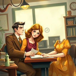 In a lively and enchanting world reminiscent of the 1930s, filled with adventures and deep emotions, a beautiful yet tragic love story unfolds between two adults: a serious 25-year-old man, dressed in a dapper vintage suit, and a bright, cheerful 22-year-old woman, wearing a colorful, flowing dress that embodies her sunny disposition