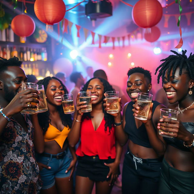 A group of black friends enjoying a lively party, each taking a sip from their glasses of gin