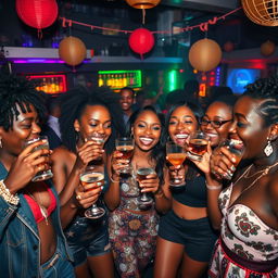 A group of black friends enjoying a lively party, each taking a sip from their glasses of gin