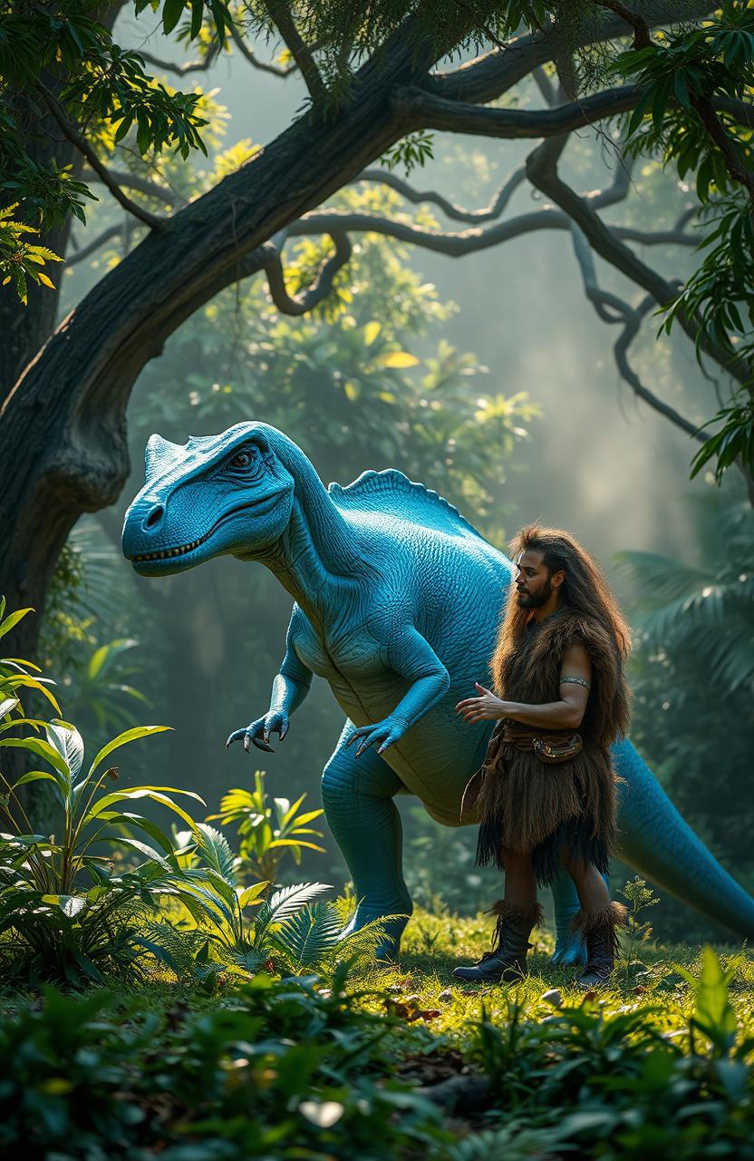 A striking scene featuring a vibrant blue dinosaur interacting with a primal man in a lush prehistoric jungle