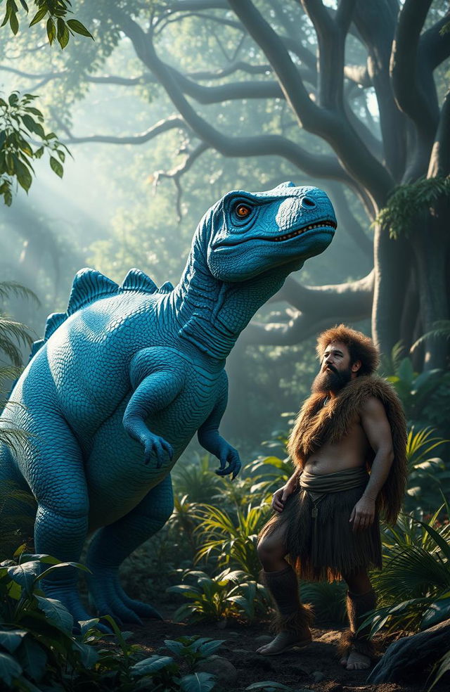 A striking scene featuring a vibrant blue dinosaur interacting with a primal man in a lush prehistoric jungle