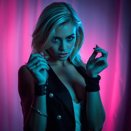 A seductive blonde woman in a stylish noir crime scene setting, dressed in elegant black and white attire, playfully holding a pair of handcuffs