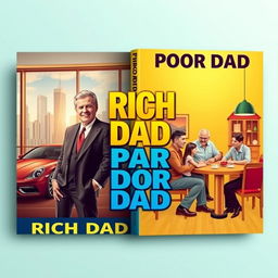 A visually engaging book cover design for 'Rich Dad Poor Dad', featuring two contrasting figures representing the 'rich dad' and 'poor dad'