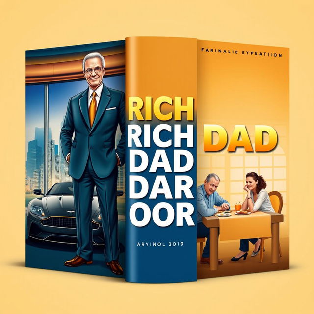 A visually engaging book cover design for 'Rich Dad Poor Dad', featuring two contrasting figures representing the 'rich dad' and 'poor dad'