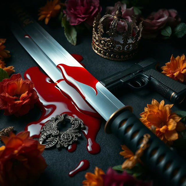 An intense and dramatic composition featuring a stunning katana lying horizontally, with vibrant blood flowing from it in a vivid crimson stream