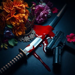 An intense and dramatic composition featuring a stunning katana lying horizontally, with vibrant blood flowing from it in a vivid crimson stream