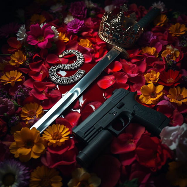 A dramatic and haunting composition featuring a katana lying on a bed of vibrant flowers, with a significant amount of blood flowing from the petals, creating a striking visual