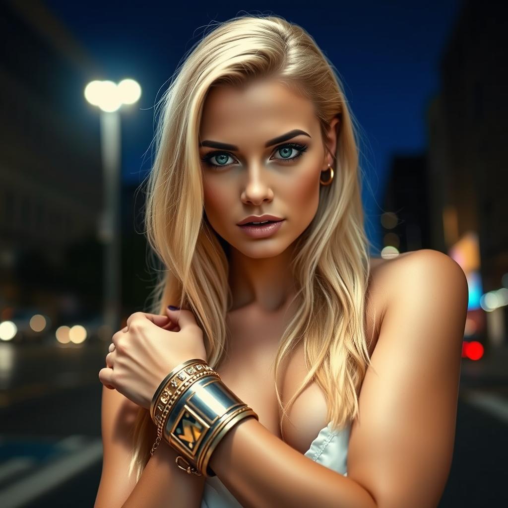 A beautiful blonde woman in a dramatic night setting, wearing stylish cuff bracelets (menottes), surrounded by urban lights