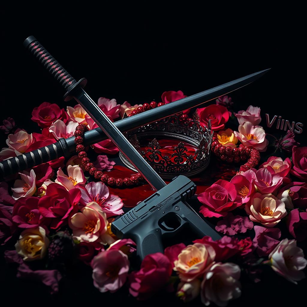 A captivating and eerie composition featuring a katana set at an angle with a dark red necklace adorned with blood-like patterns resting beside it