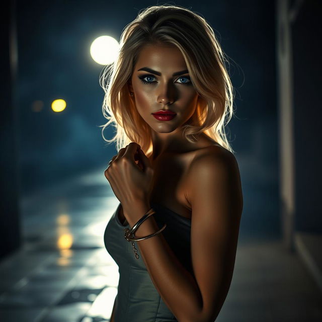 A beautiful blonde woman with striking violet eyes, elegantly handcuffed, standing confidently in a mysterious nighttime setting, illuminated by soft moonlight illuminating the scene with a enchanting glow