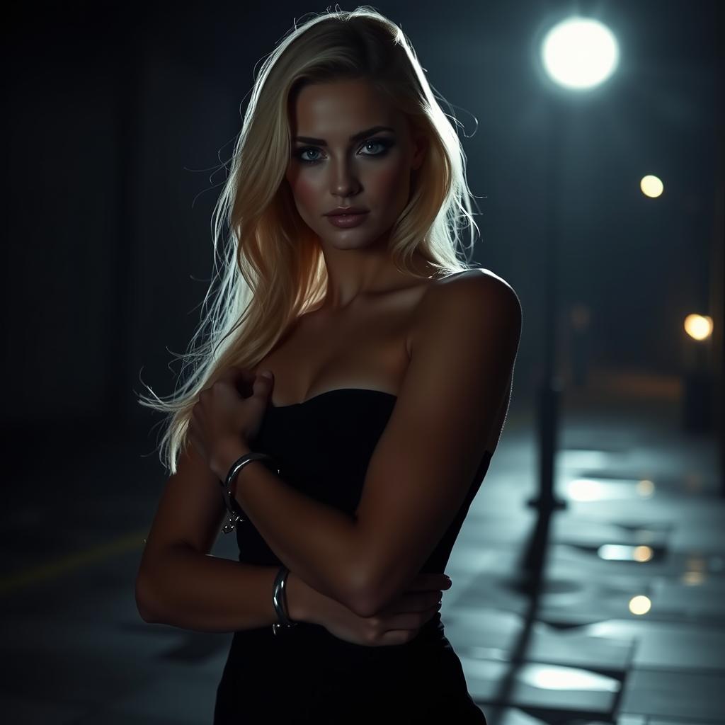 A beautiful blonde woman with striking violet eyes, elegantly handcuffed, standing confidently in a mysterious nighttime setting, illuminated by soft moonlight illuminating the scene with a enchanting glow